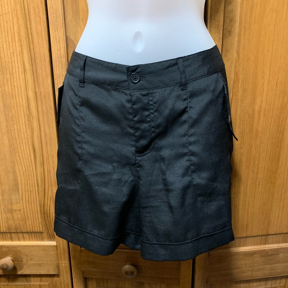 Silky black shorts- gold buttons- DEEP POCKETS